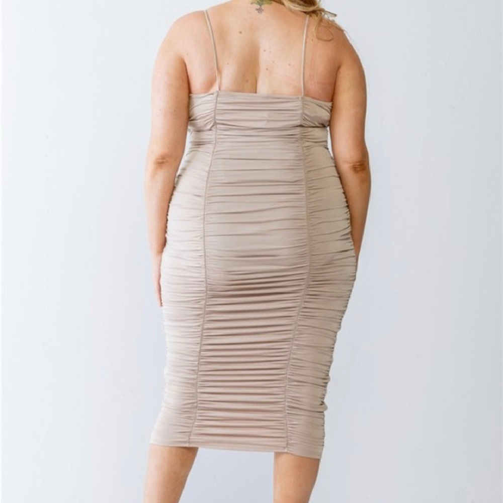 Elegant Beige Ruched Dress - Picture 2 of 2